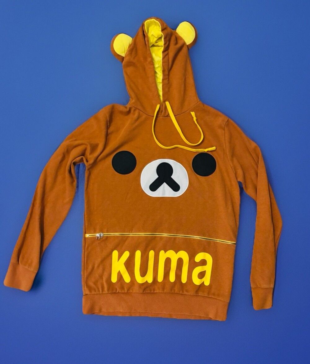 AkDong Kuma Bear Hoodie Brown Yellow Korean Kawaii Zip Pocket Adult Sweatshirt X